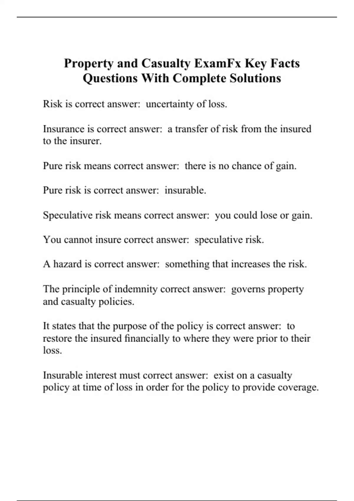 Property and Casualty ExamFx Key Facts Questions With Complete