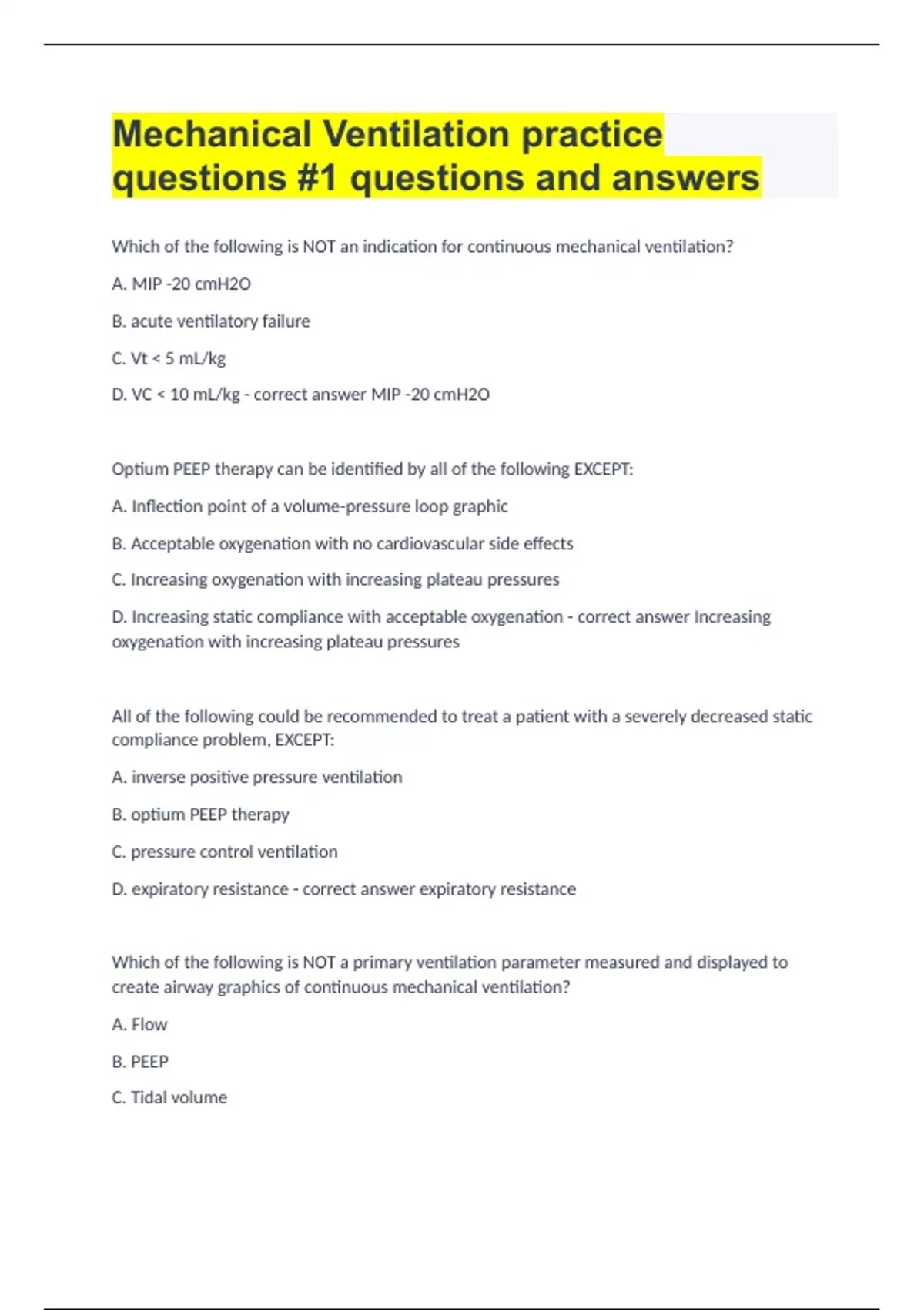 Mechanical Ventilation practice questions 1 questions and answers