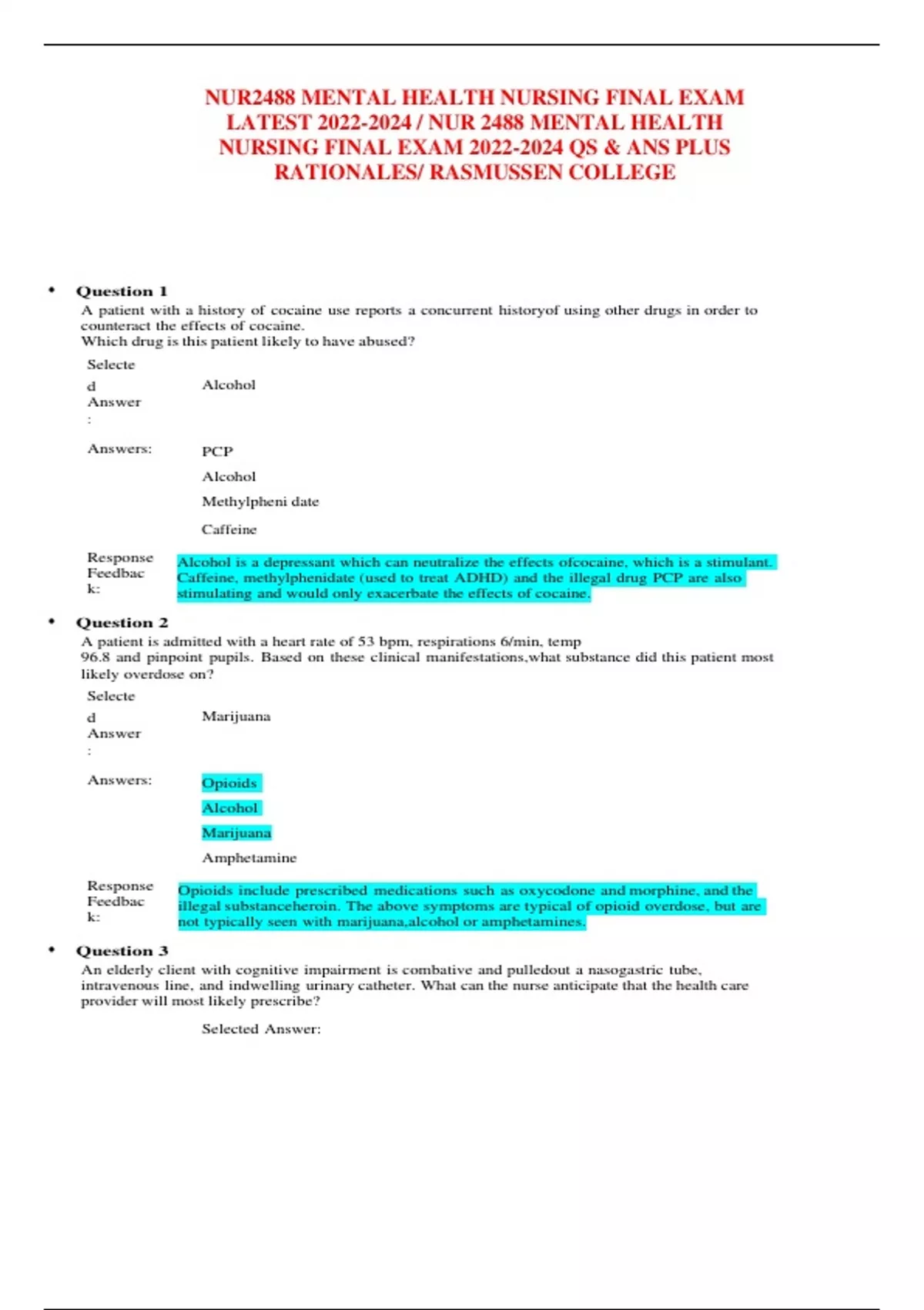 NUR2488 MENTAL HEALTH NURSING FINAL EXAM LATEST / NUR 2488 MENTAL ...