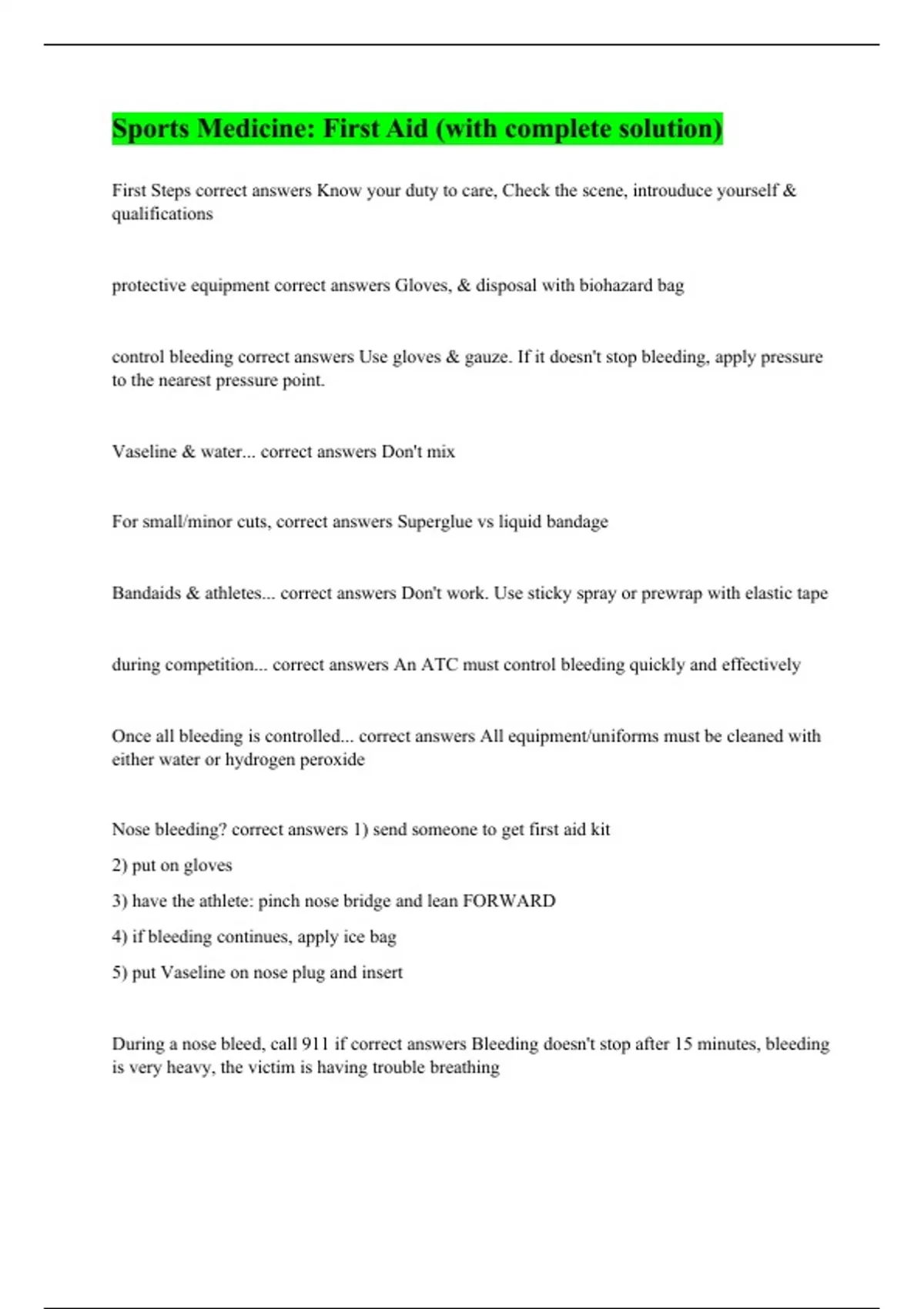 Sports Medicine First Aid (with complete solution) Sports First Aid Stuvia US