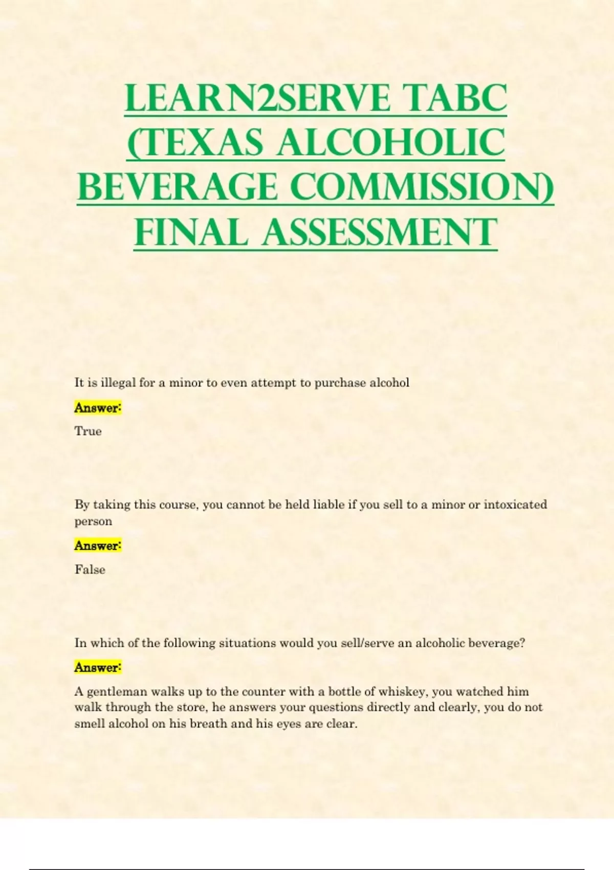 Learn2Serve TABC (Texas Alcoholic Beverage Commission) Final Assessment