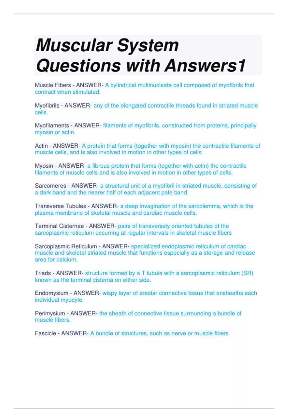 Musclear Questions Muscular System Questions with Answers1 - Muscular S - Stuvia US