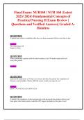 Final Exam: NUR160 / NUR 160 (Latest 2023/ 2024) Fundamental Concepts of Practical Nursing II Exam Review | Questions and Verified Answers| Graded A- Hondros 