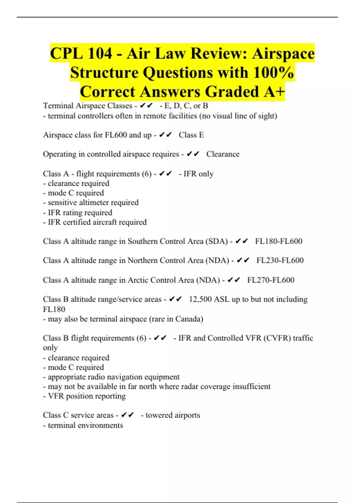 CPL 104 - Air Law Review: Airspace Structure Questions with 100% ...