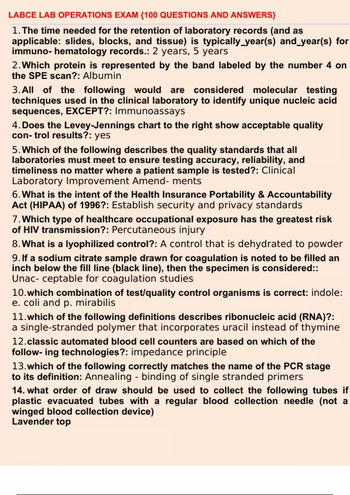 Labce Medical Lab LABCE LAB OPERATIONS EXAM {100 QUESTIONS AND ANSWERS} - LABCE - Stuvia US