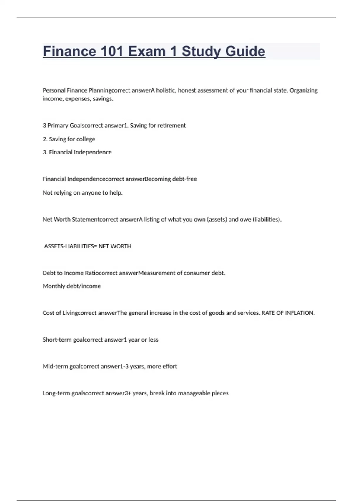 Finance 101 Exam 1 Study Guide questions with correct answers - Finance ...