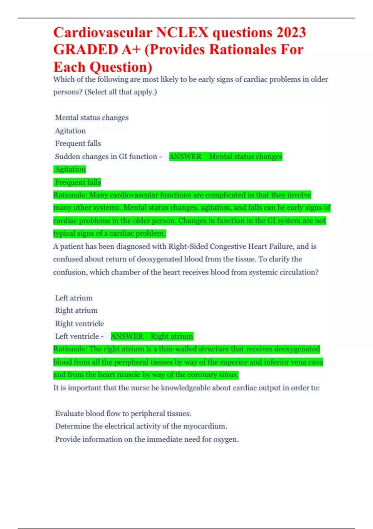 Cardiovascular NCLEX questions 2023 GRADED A+ (Provides Rationales For