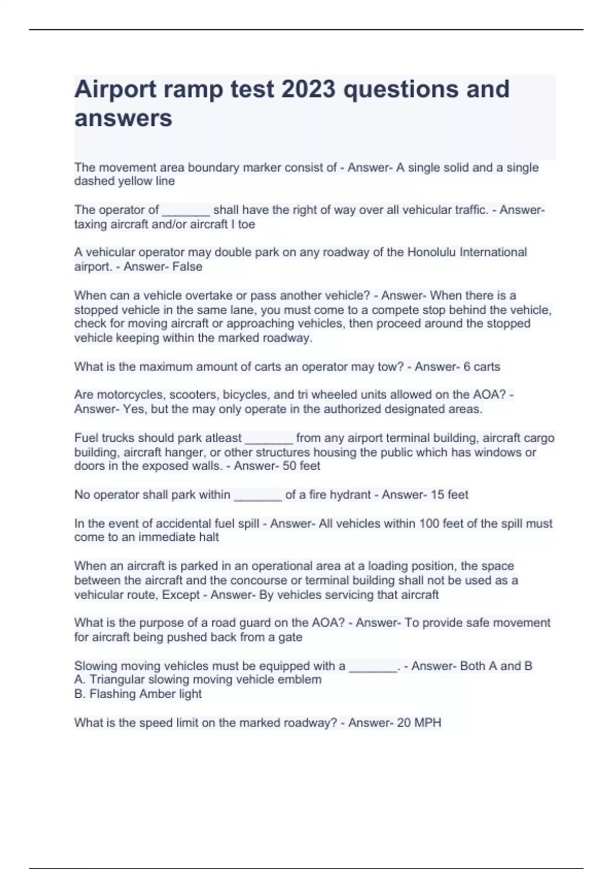 Airport ramp test 2023 questions and answers Airport ramp Stuvia US