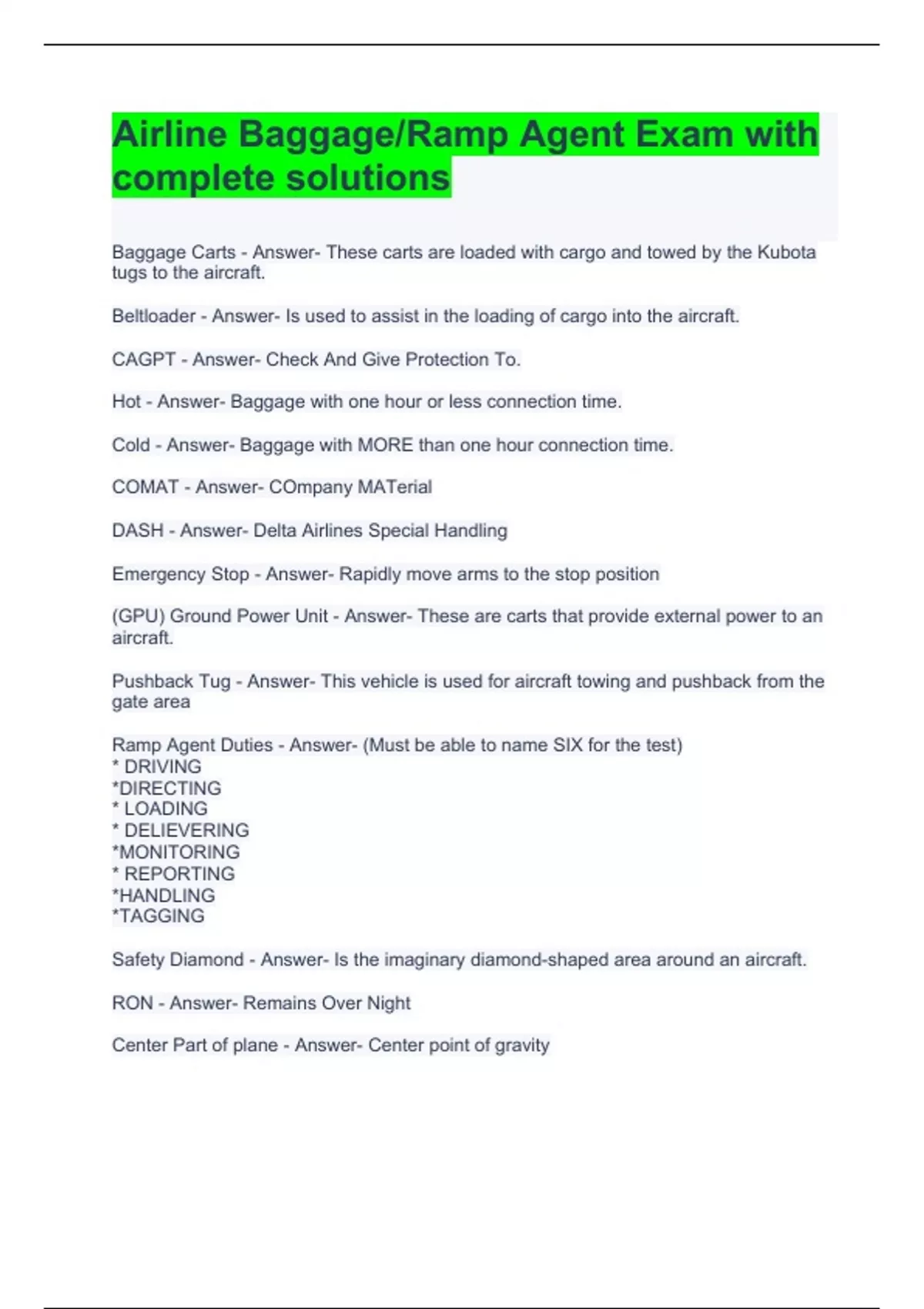 Airline Baggage/Ramp Agent Exam with complete solutions Airline