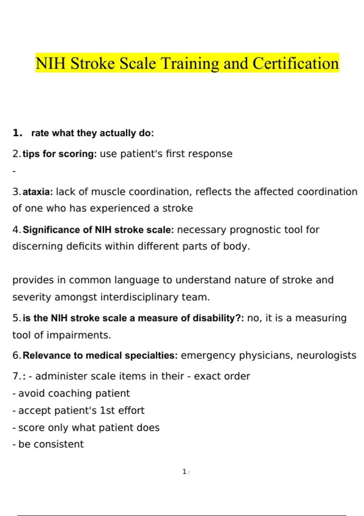 NIH Stroke Scale Training and Certification questions and answers