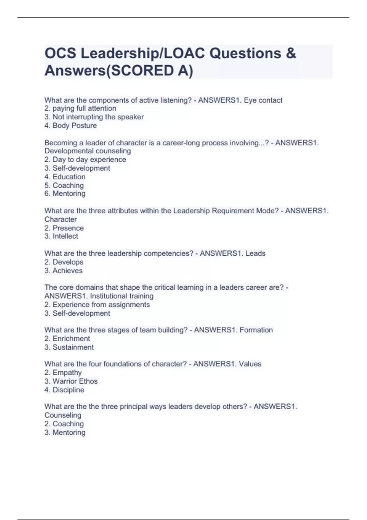 Loc Questions Sample Questions OCS Leadership/LOAC Questions & Answers(SCORED A) - OCS - Stuvia US
