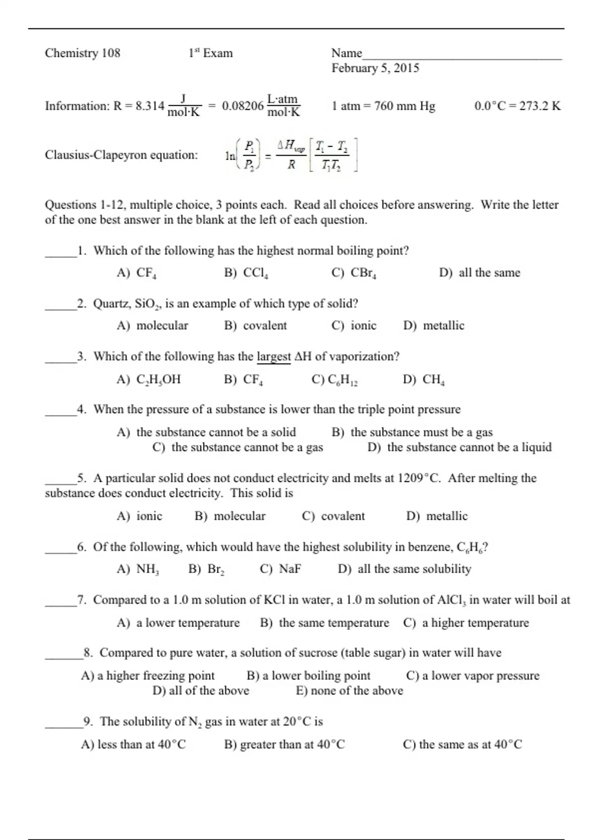 Chem 108 - Exam 1 Sample - CHEM 108 - Stuvia US