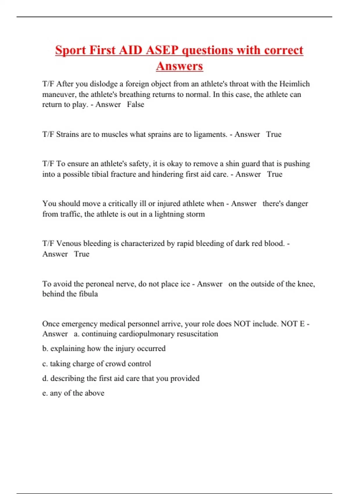 Sport First AID ASEP questions with correct Answers Sport First AID