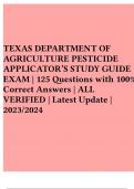 TEXAS DEPARTMENT OF AGRICULTURE PESTICIDE APPLICATOR’S STUDY GUIDE EXAM | 125 Questions with 100% Correct Answers | ALL VERIFIED | Latest Update | 2023/2024