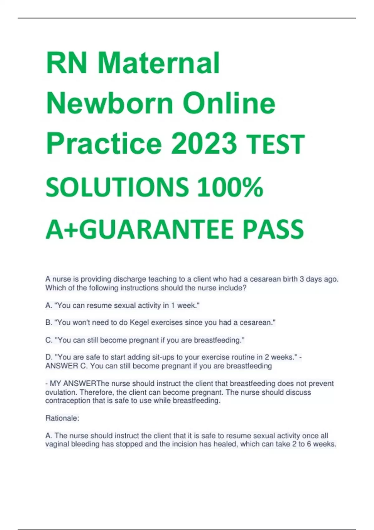 RN Maternal Newborn Online Practice 2023 TEST SOLUTIONS 100 A