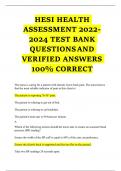HESI HEALTH ASSESSMENT 2022-2024 TEST BANK QUESTIONS AND VERIFIED ANSWERS 100% CORRECT