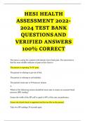 HESI HEALTH ASSESSMENT 2022-2024 TEST BANK QUESTIONS AND VERIFIED ANSWERS 100&percnt; CORRECT