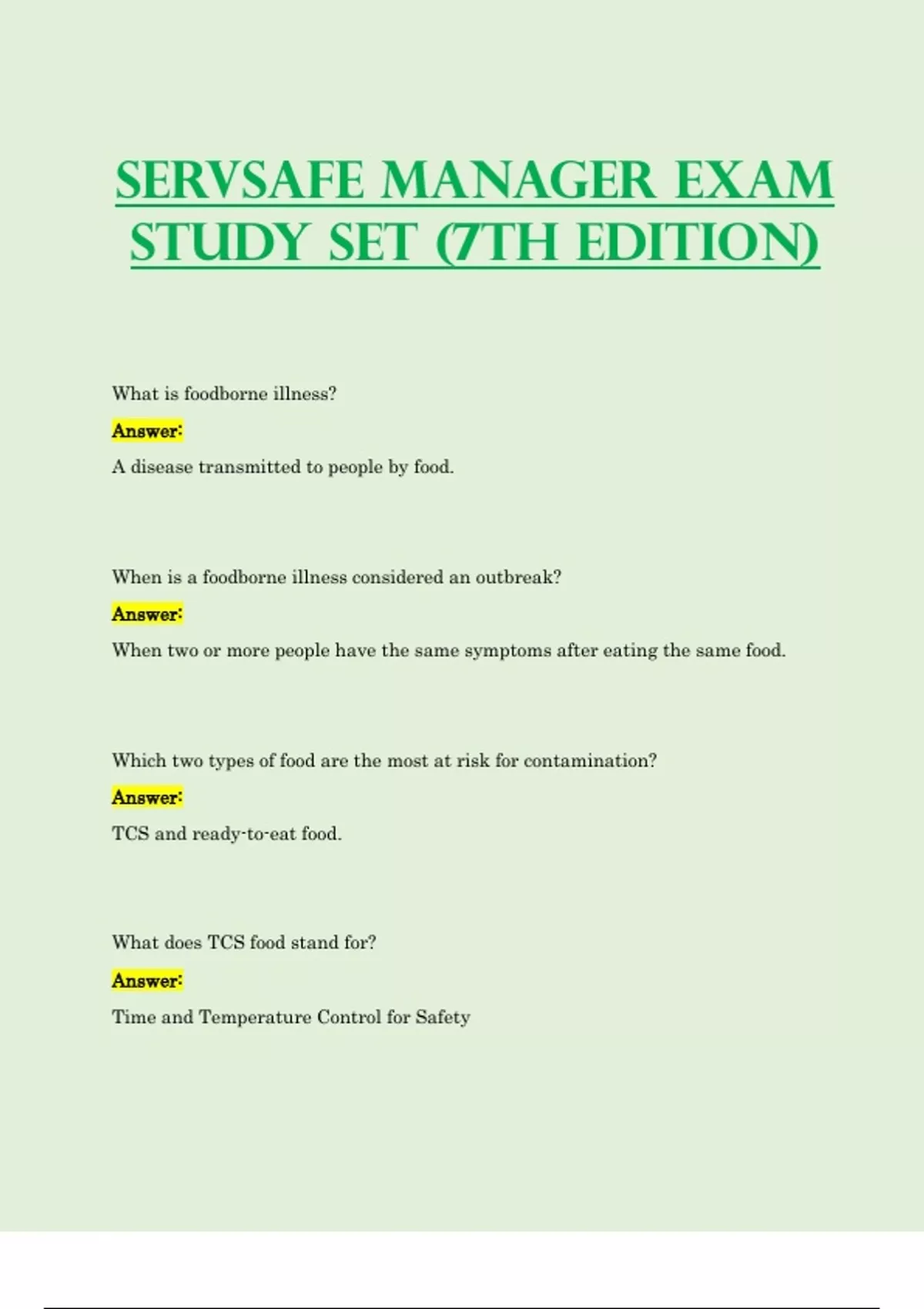 SERVSAFE Manager Exam Study Set (7th Edition) 2023 / 2024 ServSafe
