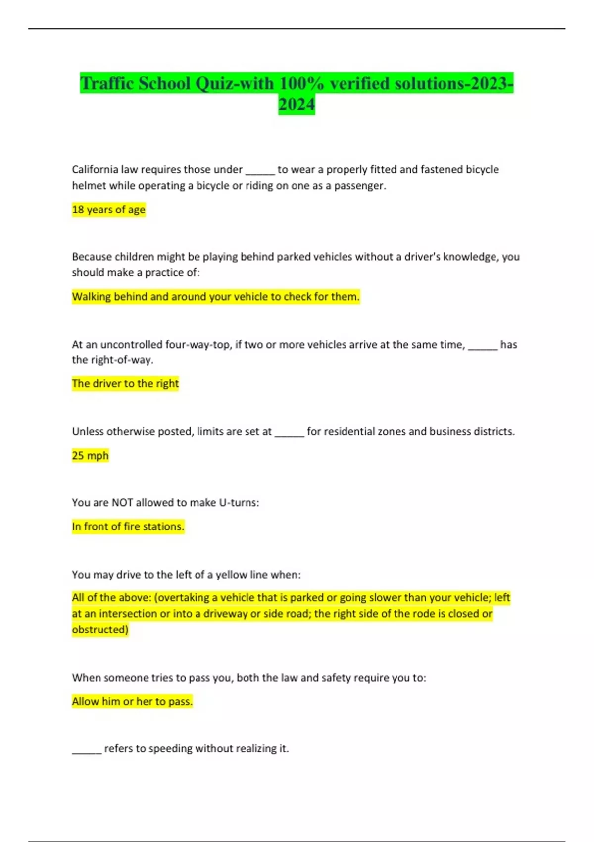 Traffic School Quizwith 100 verified solutions Traffic school