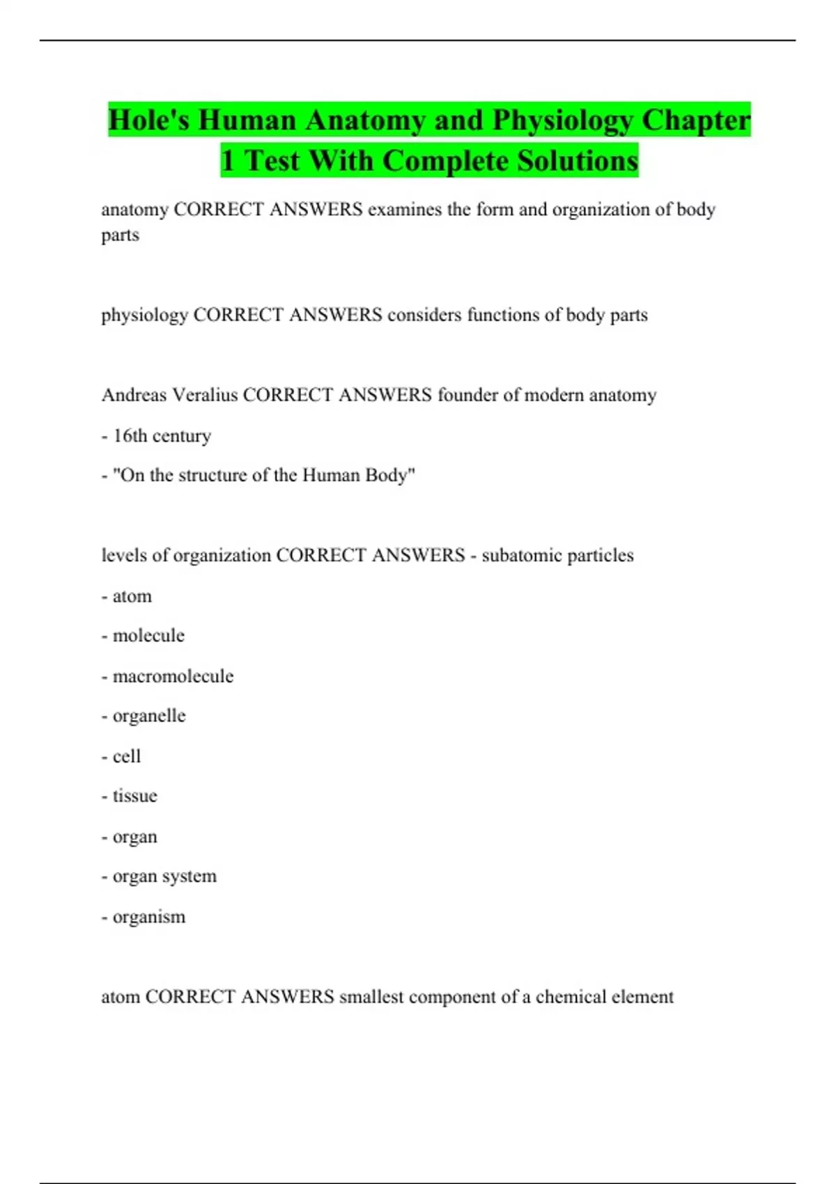 Hole's Human Anatomy and Physiology Chapter 1 Test With Complete
