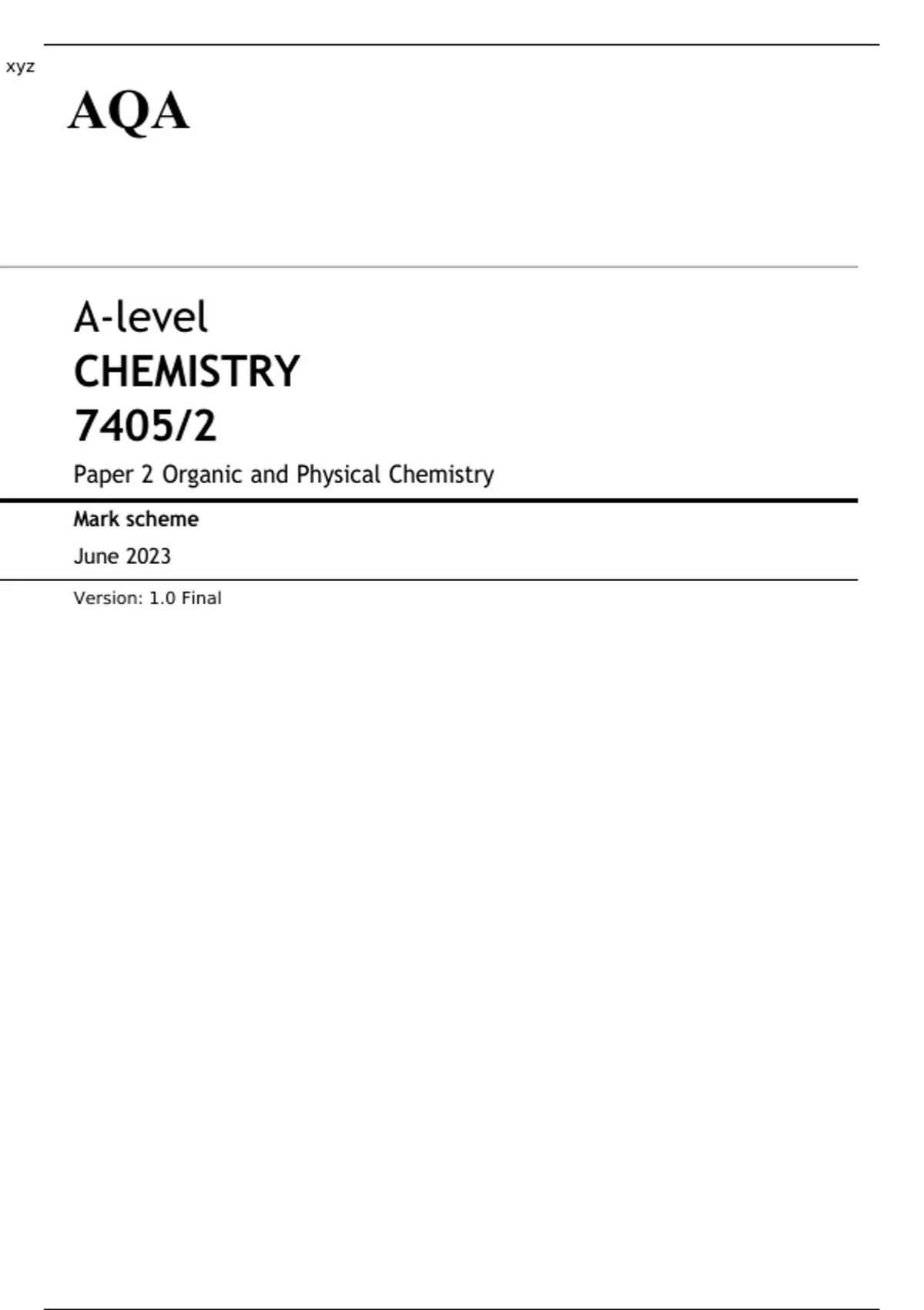 AQA A-level CHEMISTRY Paper 2 JUNE 2023 QUESTION PAPER AND MARK SCHEME ...