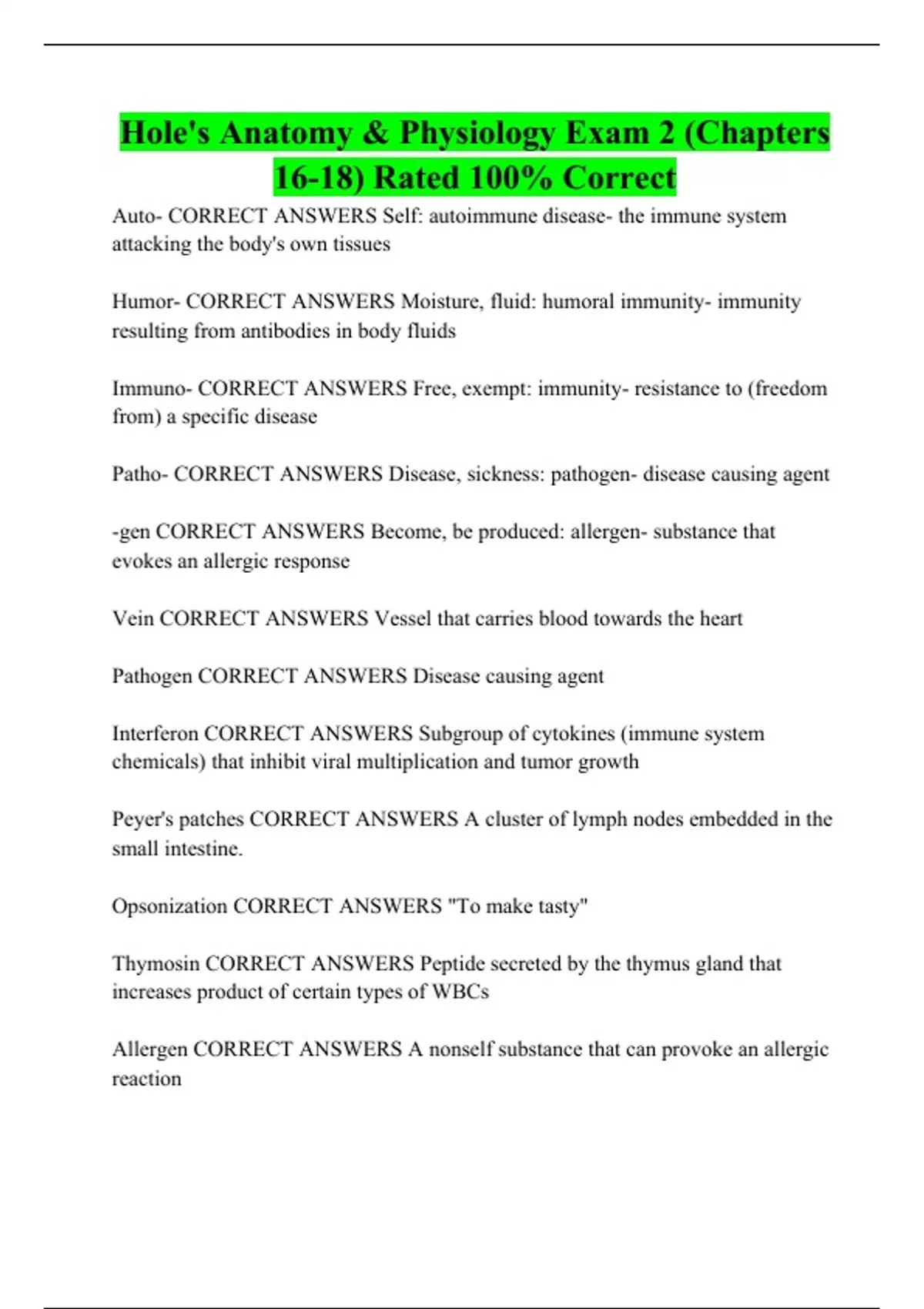 Hole's Anatomy & Physiology Exam 2 (Chapters 1618) Rated 100 Correct