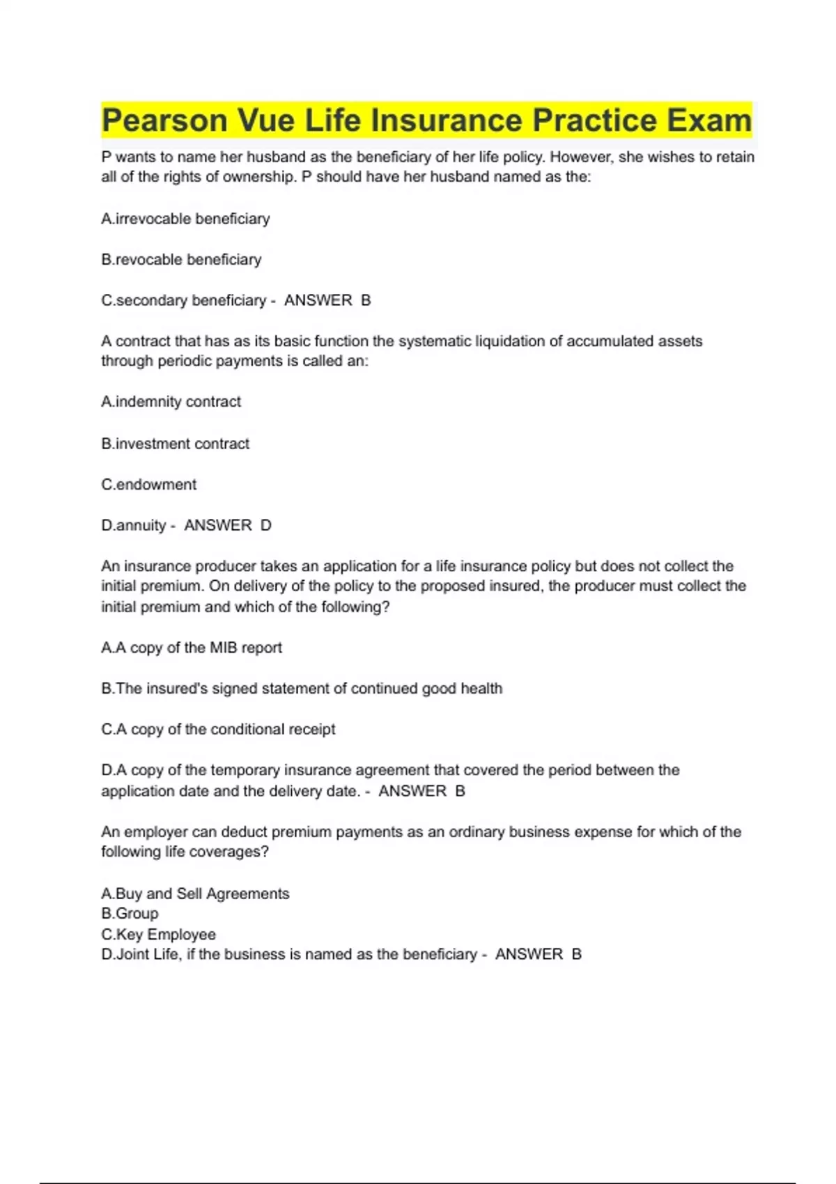 Pearson Vue Insurance Exams Bundle Pack Questions and Answers Latest