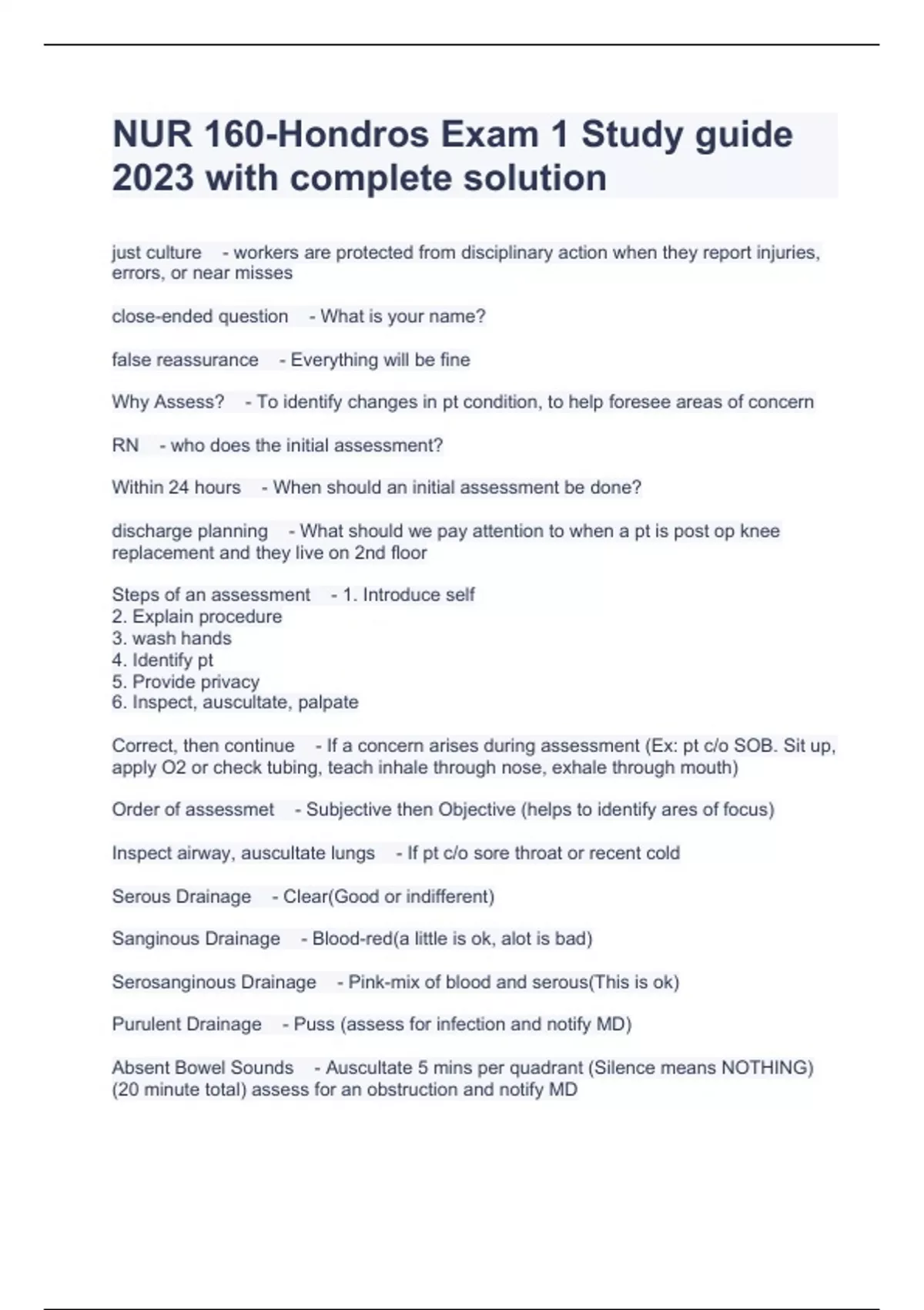 NUR 160Hondros Exam 1 Study guide 2023 with complete solution NUR