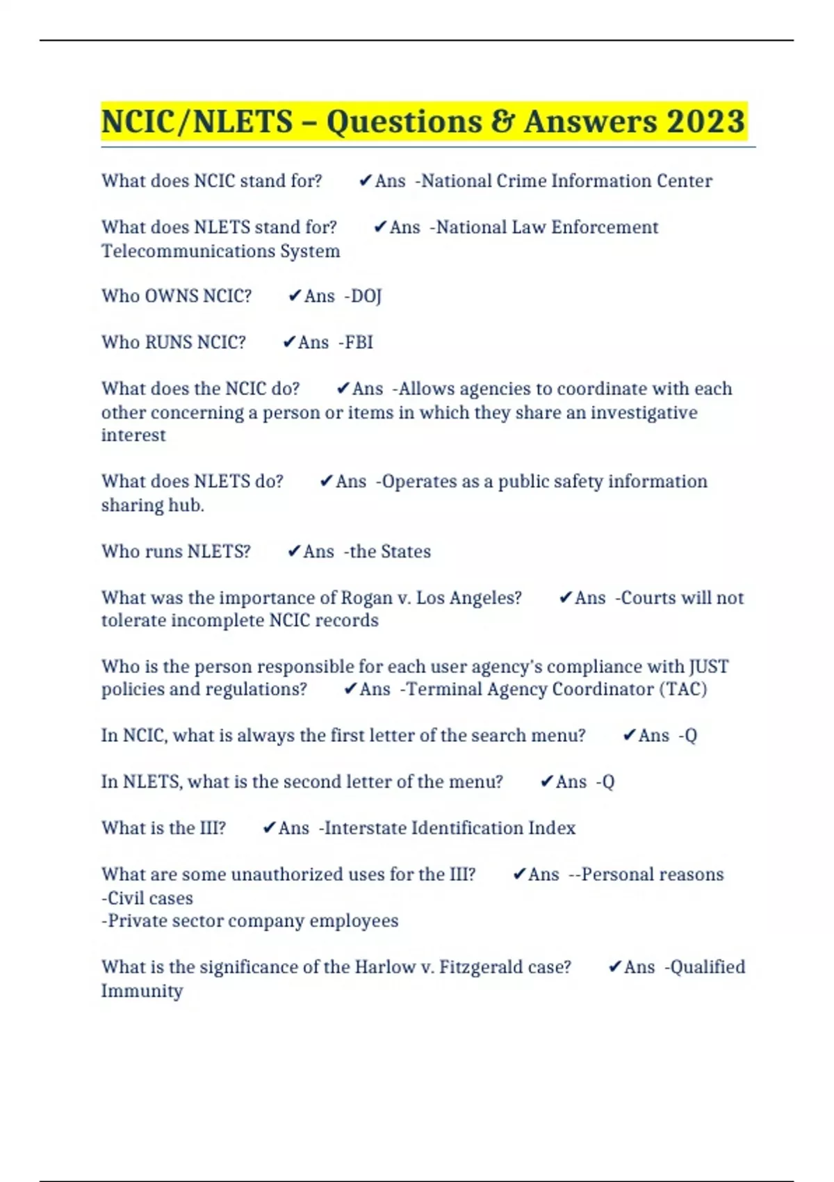Nlets Sample NCIC/NLETS – Questions & Answers 2023 - NCIC - Stuvia US