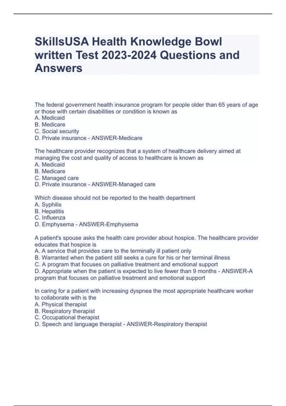 SkillsUSA Health Knowledge Bowl written Test Questions and Answers