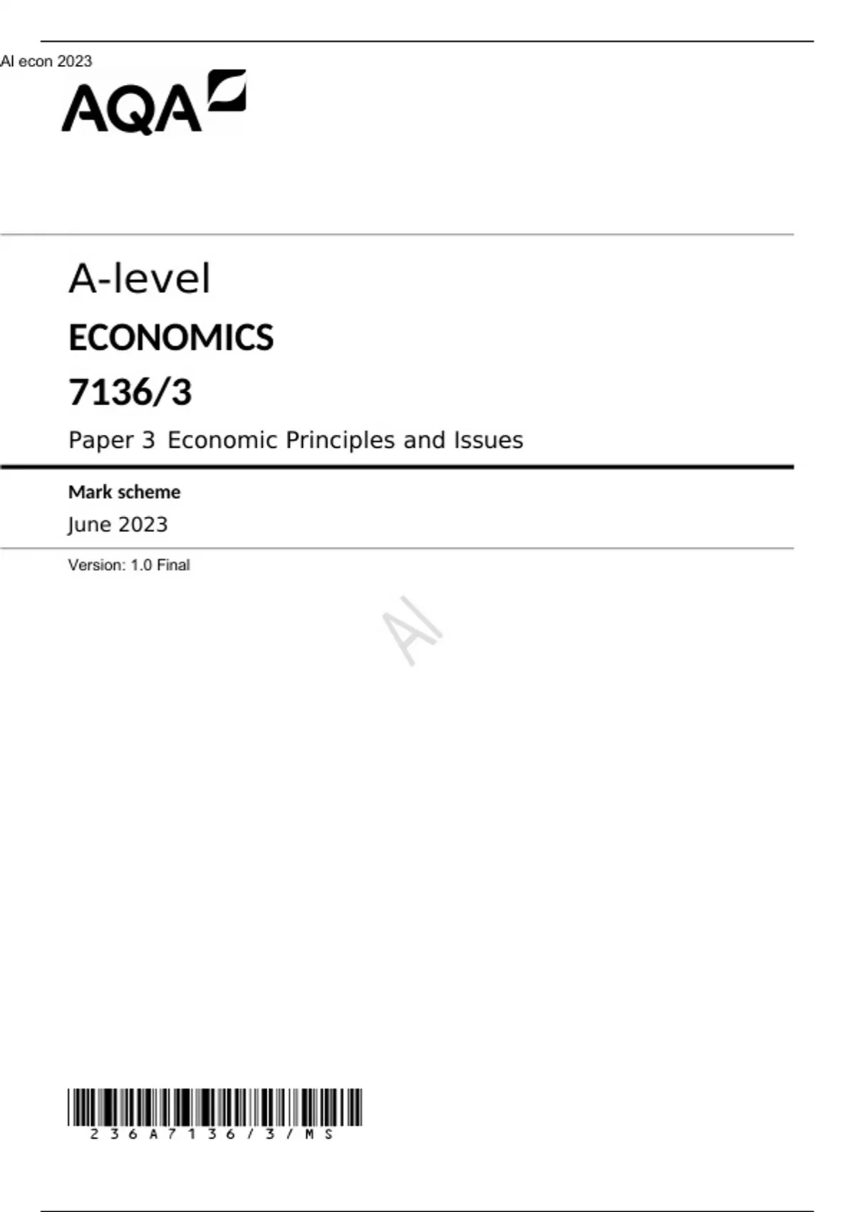 AQA A Level economics paper 1,2,3 for June 2023 official question ...