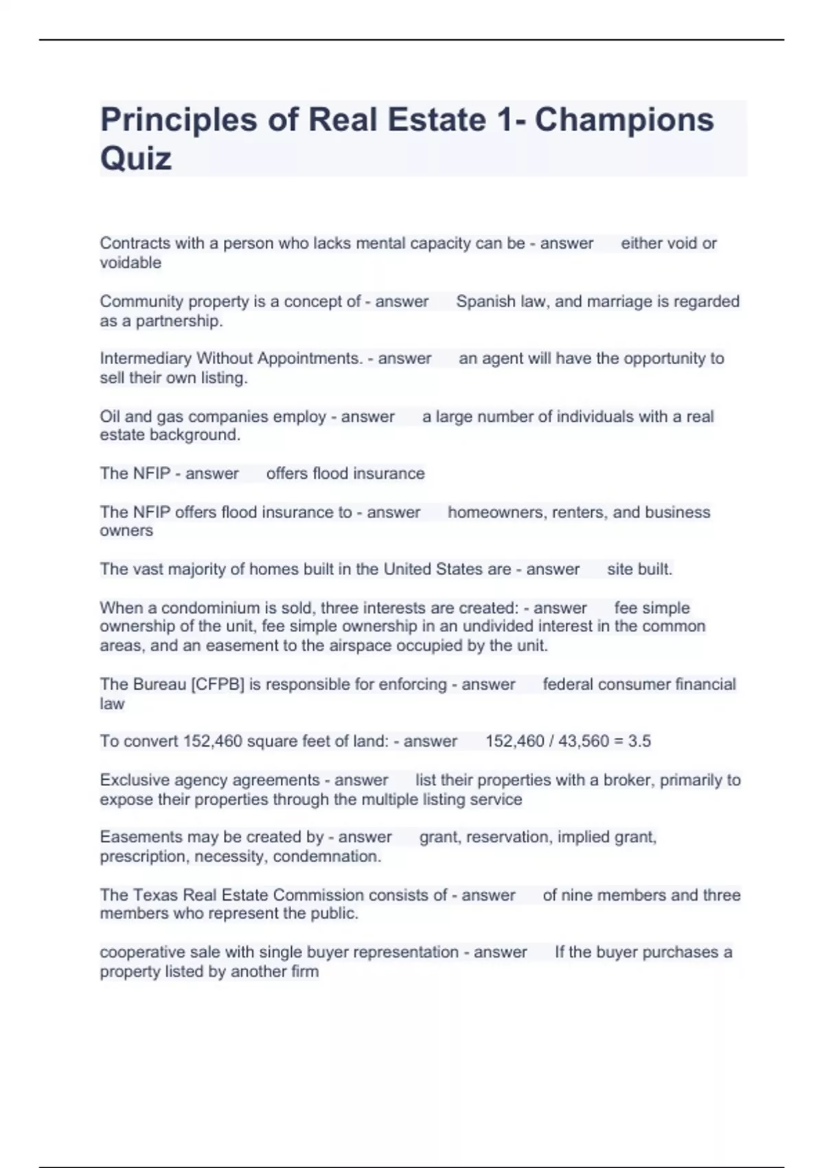 Principles of Real Estate 2 Questions with correct Answers 100 correct