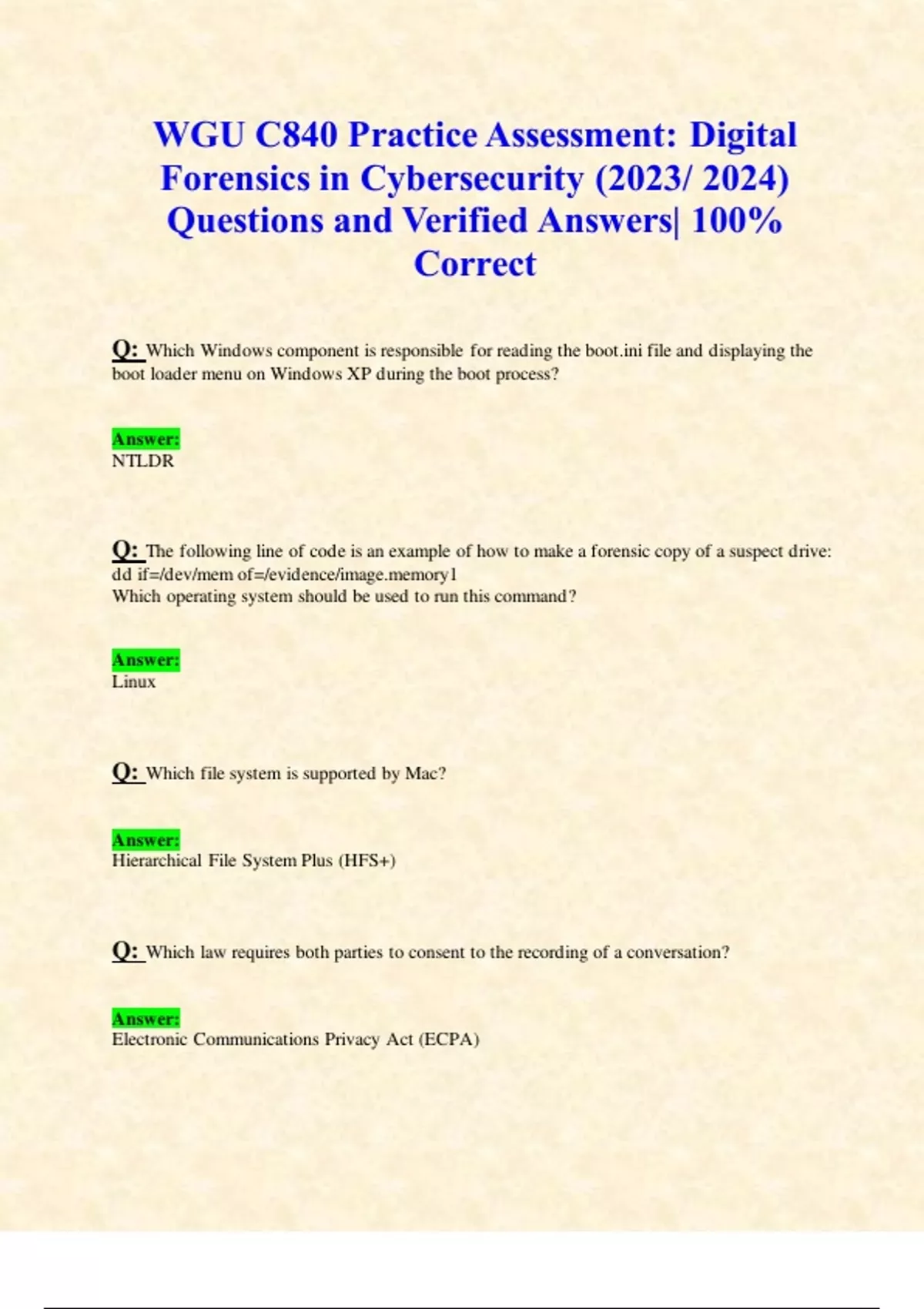 WGU C840 Practice Assessment Digital Forensics in Cybersecurity (2023/