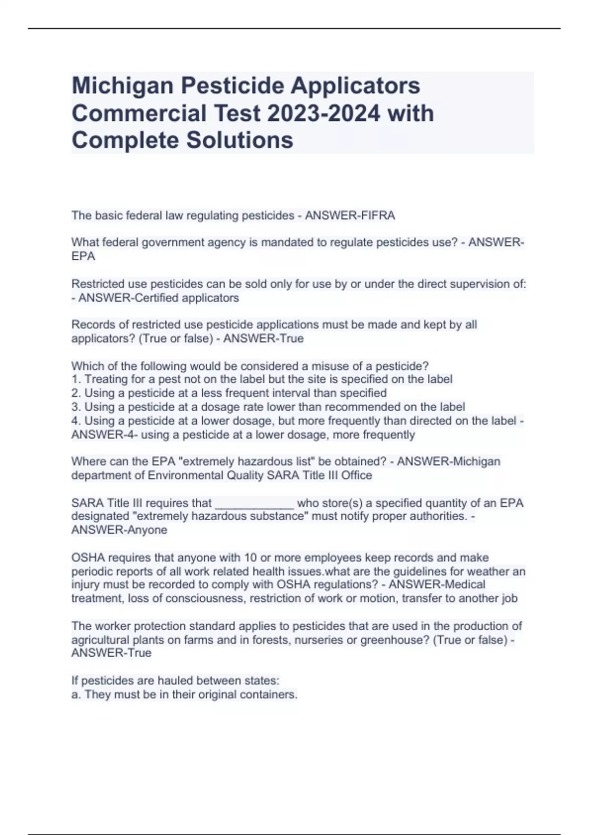 Michigan Pesticide Applicators Commercial Test with Complete Solutions