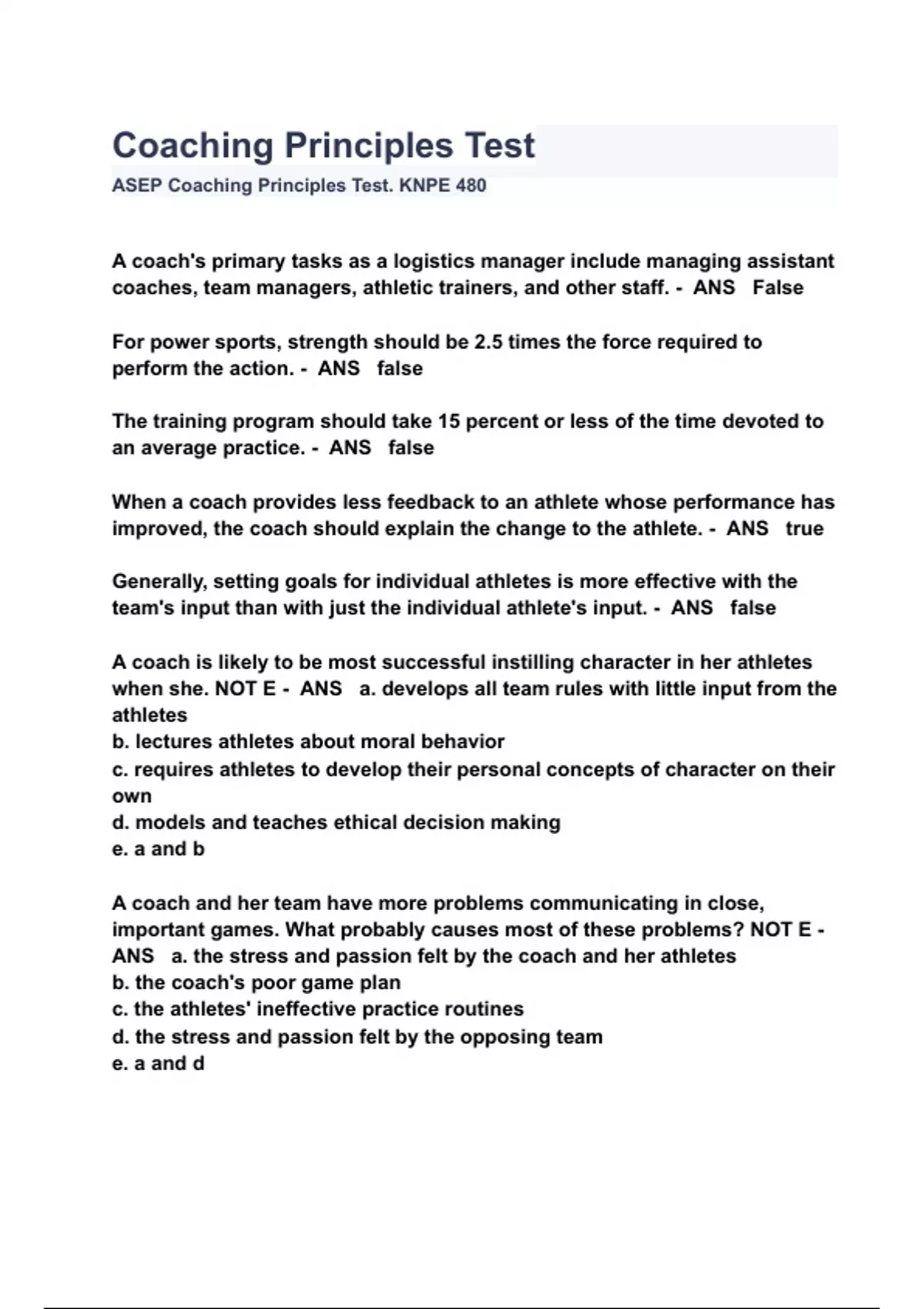 Coaching Principles Test QUESTIONS & ANSWERS 2023 ( A+ GRADED 100