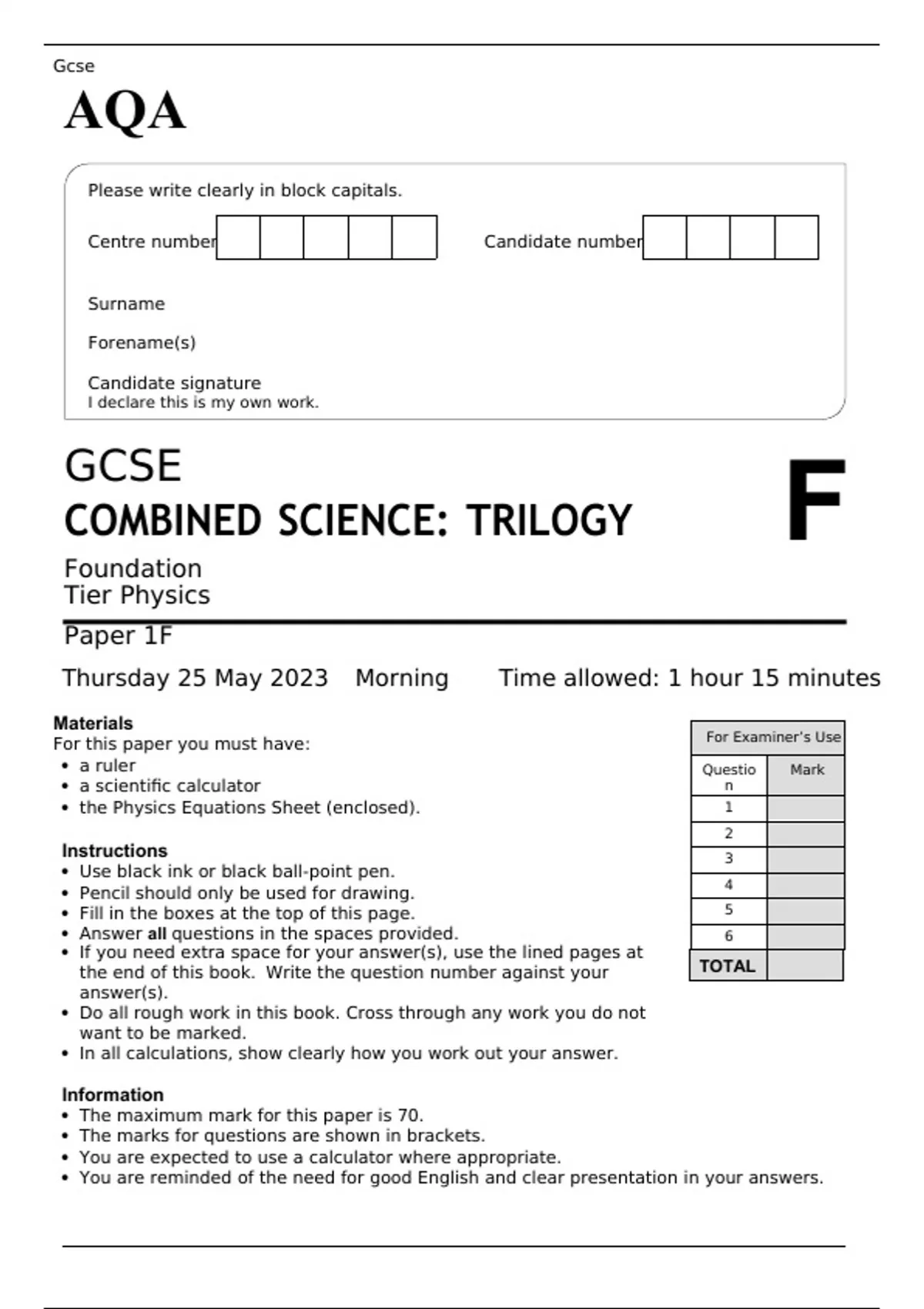 AQA GCSE COMBINED SCIENCE TRILOGY Foundation Tier Physics Paper 1 JUNE ...