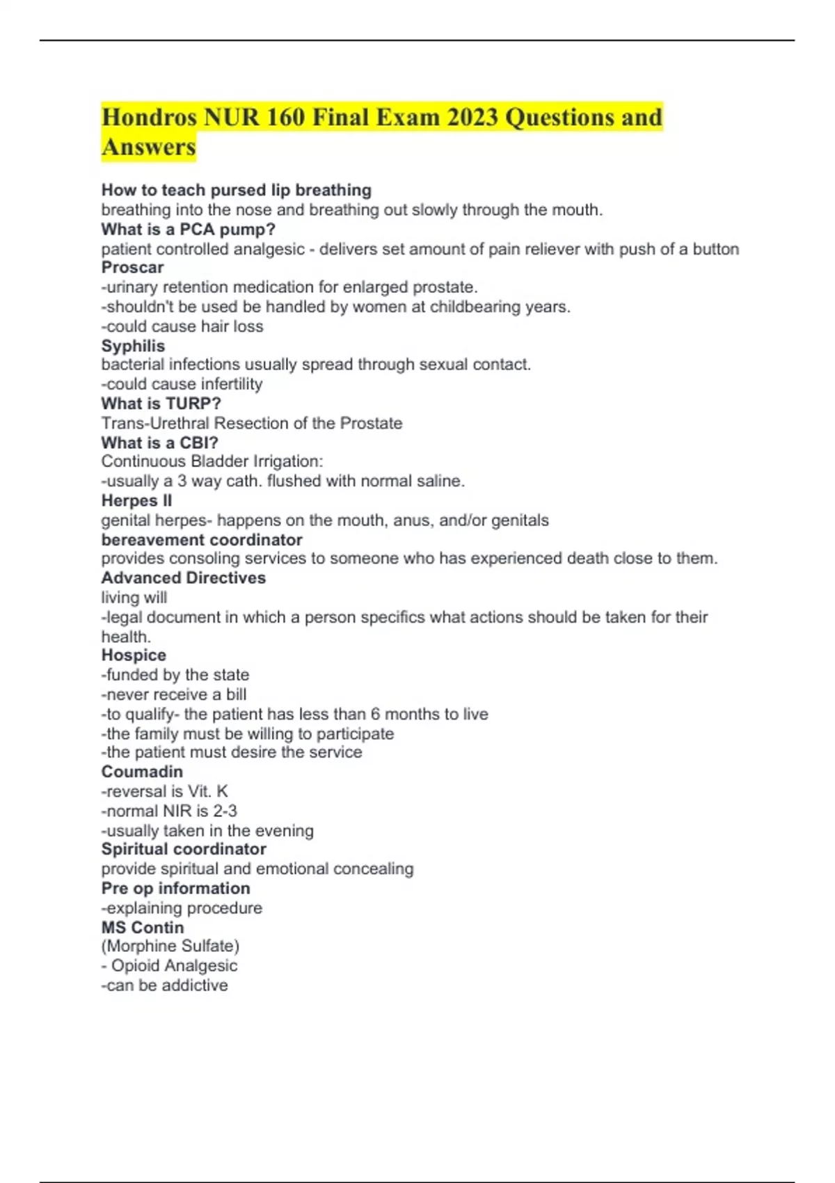 Hondros NUR 160 Final Exam 2023 Questions and Answers - Hondros NUR 160 ...