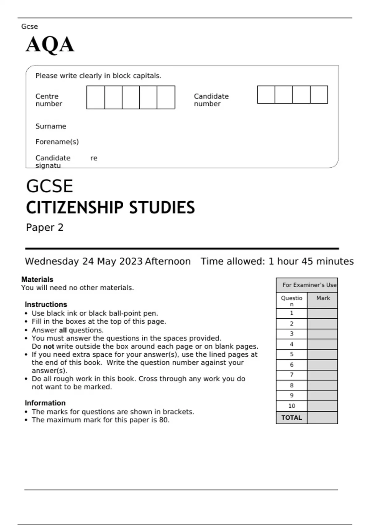 AQA GCSE CITIZENSHIP STUDIES Paper 2 JUNE 2023 QUESTION PAPER GCSE aqa-gcse-citizenship-studies-paper-2-june-2023-question-paper-gcse