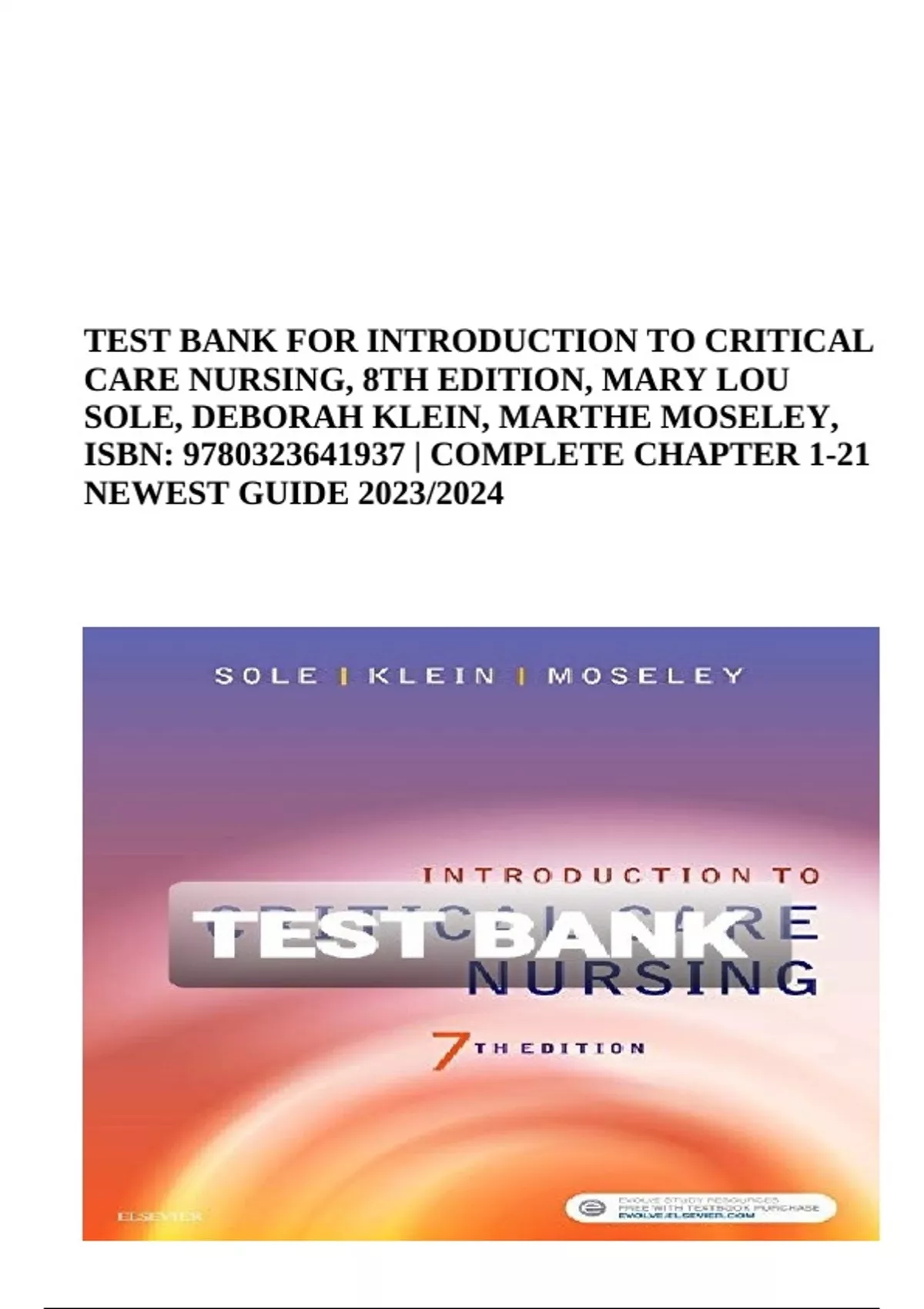 TEST BANK FOR INTRODUCTION TO CRITICAL CARE NURSING, 8TH EDITION, MARY
