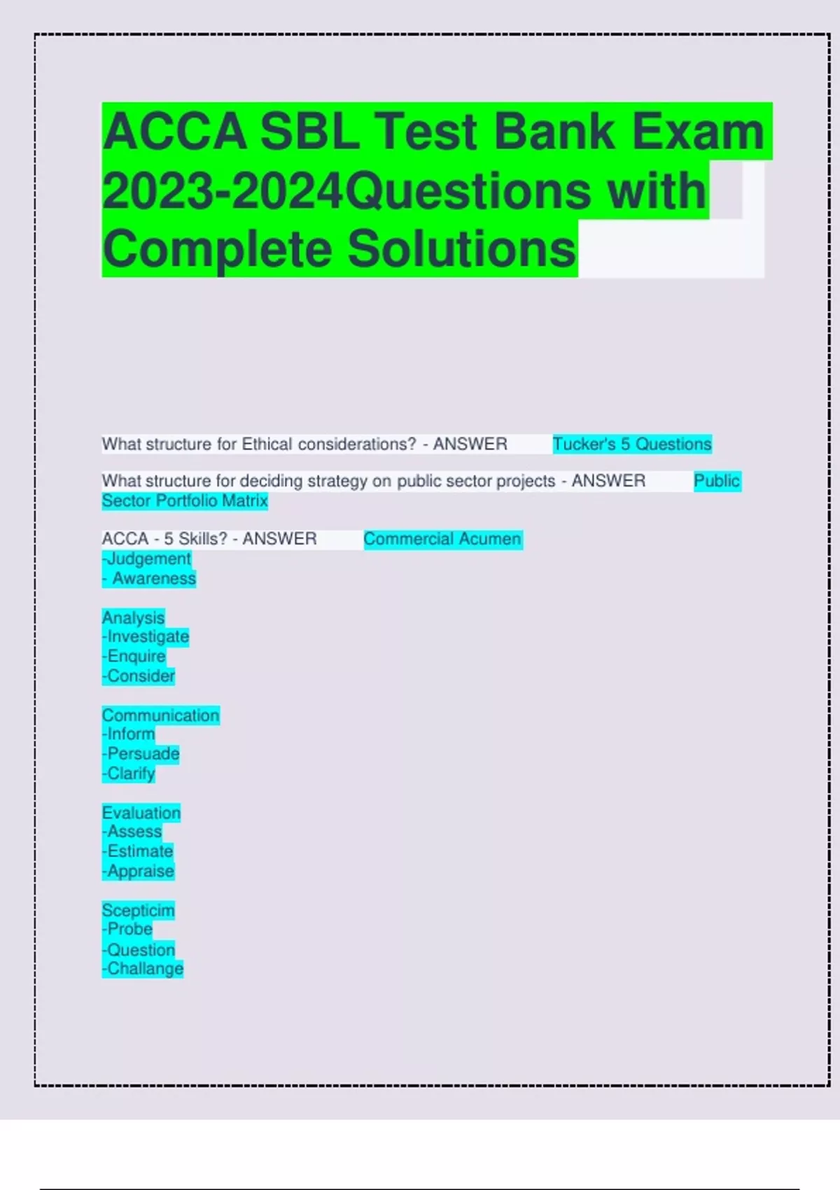 ACCA SBL Test Bank Exam Questions with Complete Solutions ACCA SBL