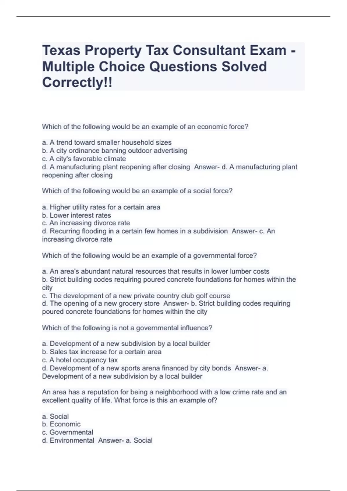 Texas Property Tax Consultant Exam Multiple Choice Questions Solved