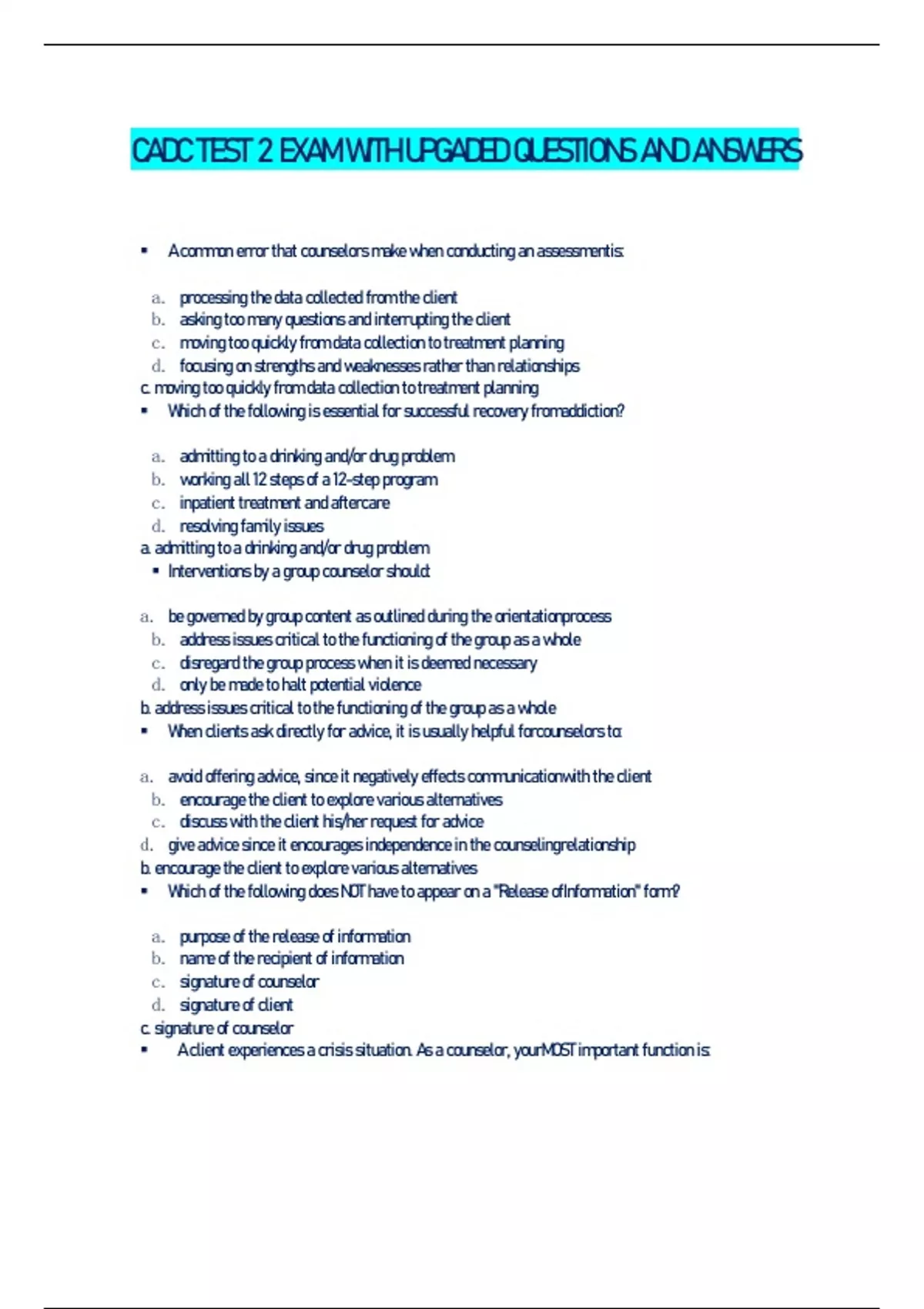 CADC TEST 2 EXAM WITH UPGADED QUESTIONS AND ANSWERS - CADC - Stuvia US