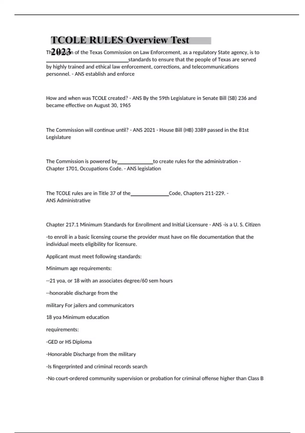 TCOLE Rules Overview Test 2023 TCOLE RULES Stuvia US