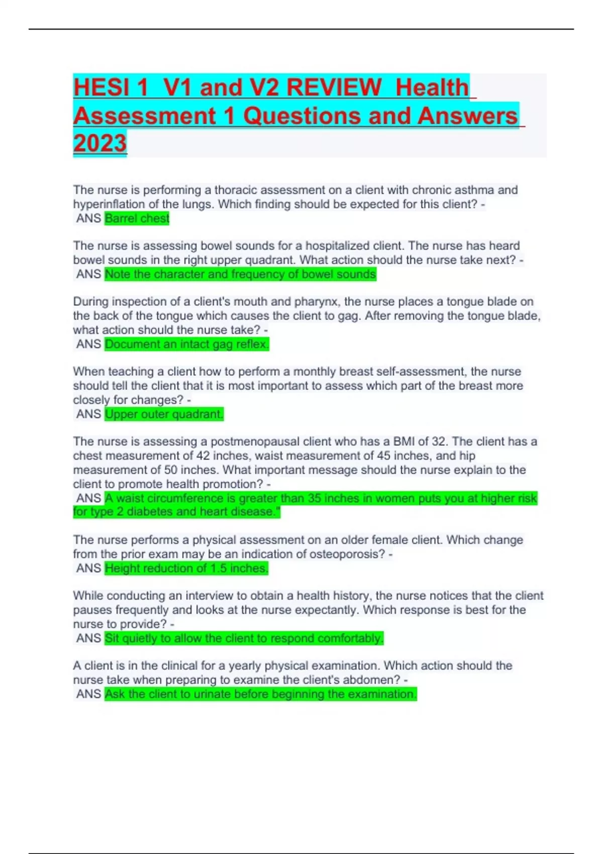 HESI 1 V1 and V2 REVIEW Health Assessment 1 Questions and Answers 2023 ...