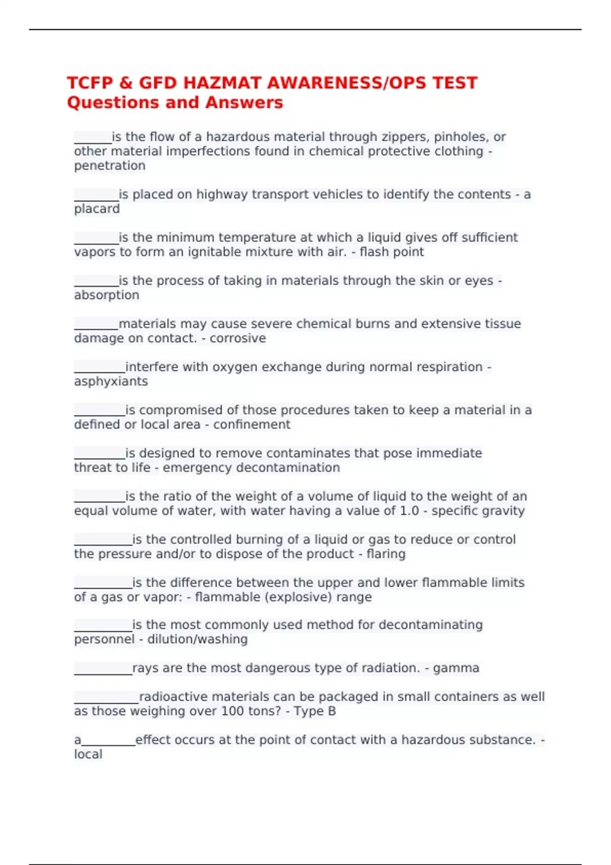 TCFP & GFD HAZMAT AWARENESS/OPS TEST Questions and Answers Tcfp