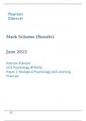 Pearson Edexcel GCE Psychology 8PS0/02 Paper 2: Biological Psychology and Learning Theories summer 2023 marking scheme 