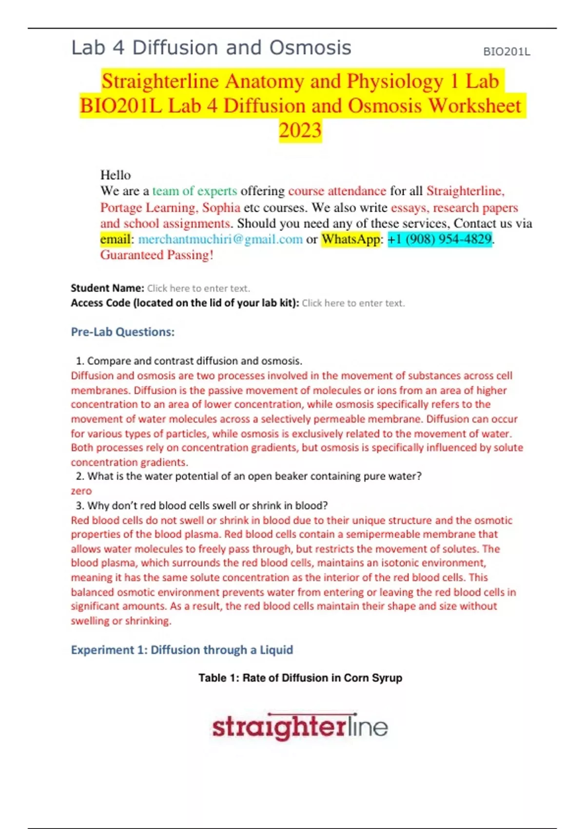 Straighterline Anatomy and Physiology 1 Lab BIO201L Lab 4 Diffusion and