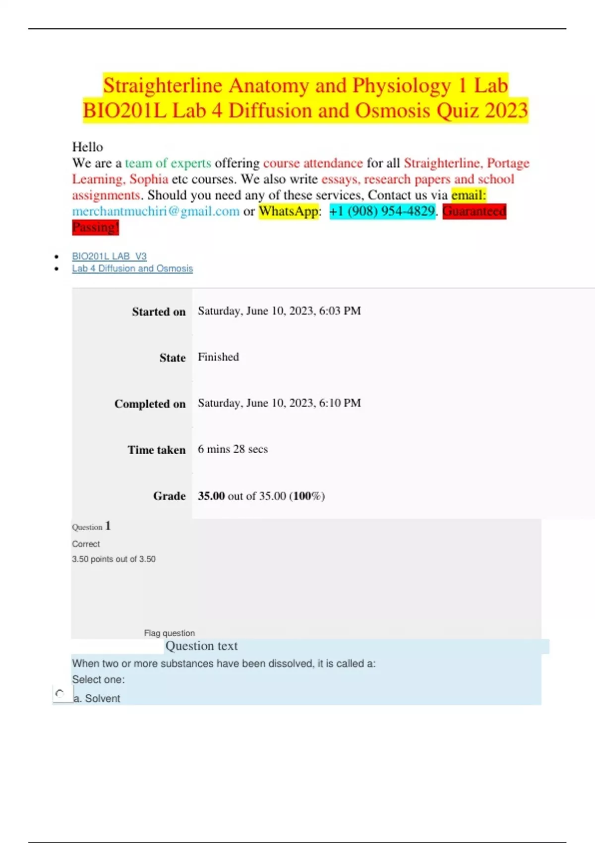 Straighterline Anatomy and Physiology 1 Lab BIO201L Lab 4 Diffusion and