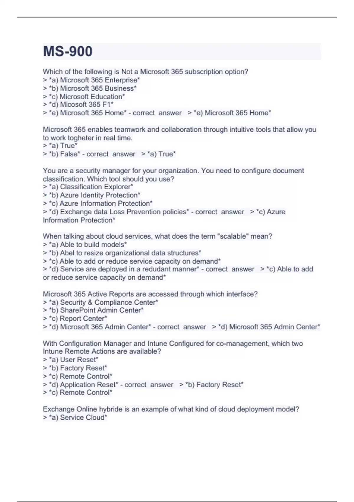 MS2 Question and answers 100% correct 2023 - MS 900 - Stuvia US