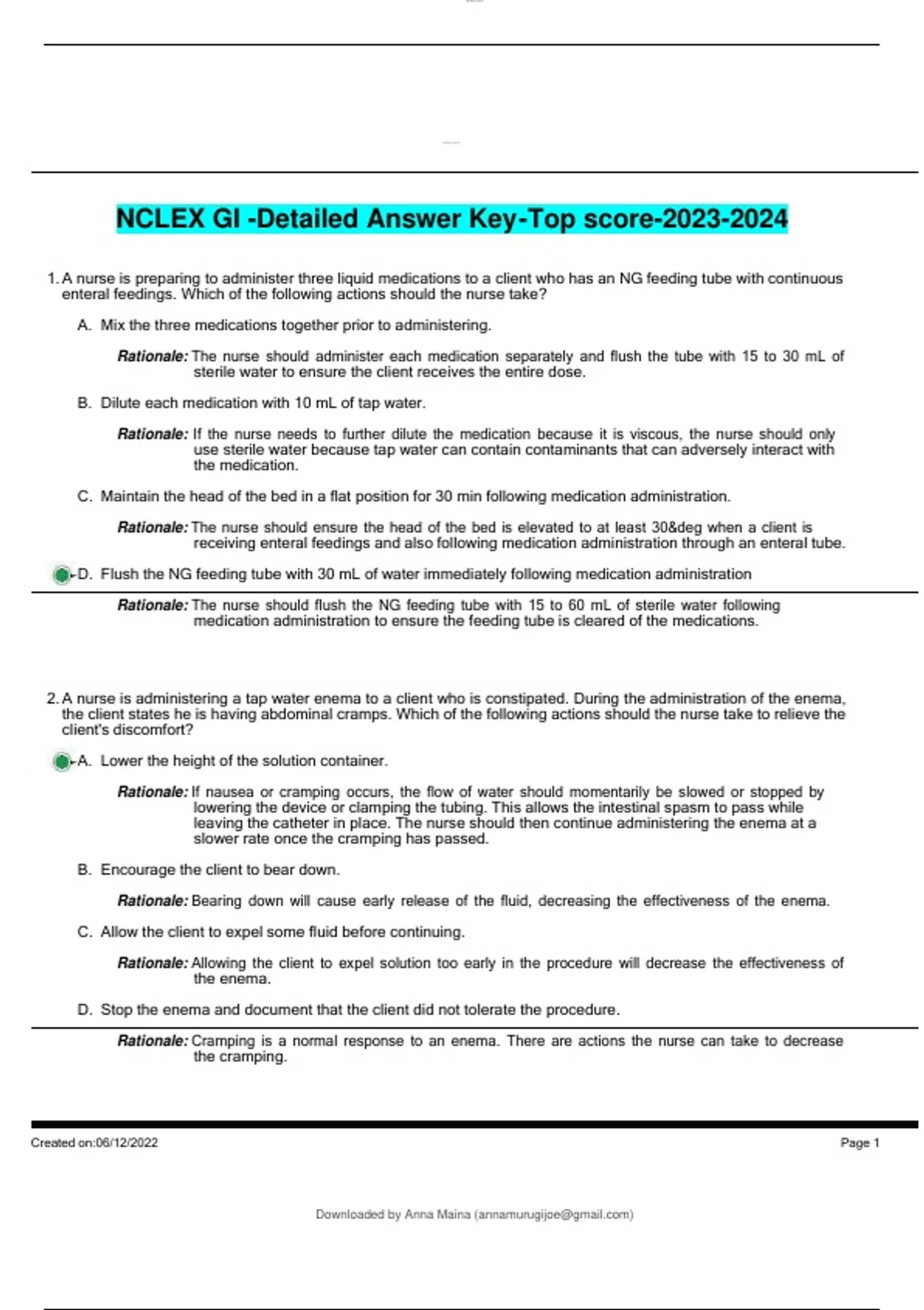 NCLEX GI -Detailed Answer Key-Top score- - NCLEX GI -Detailed Answer ...